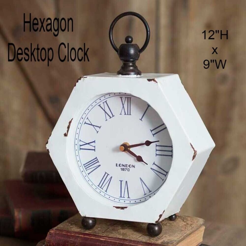 Hexagon Desktop Clock Reproduction Primitive Farmhouse Battery Operated
